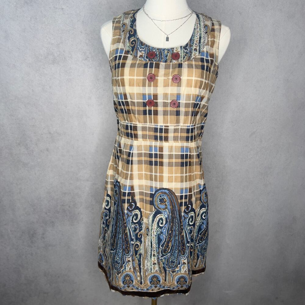 Plaid Paisley Sleeveless Scoop Neck Artsy Boho Dress Size 12 Large